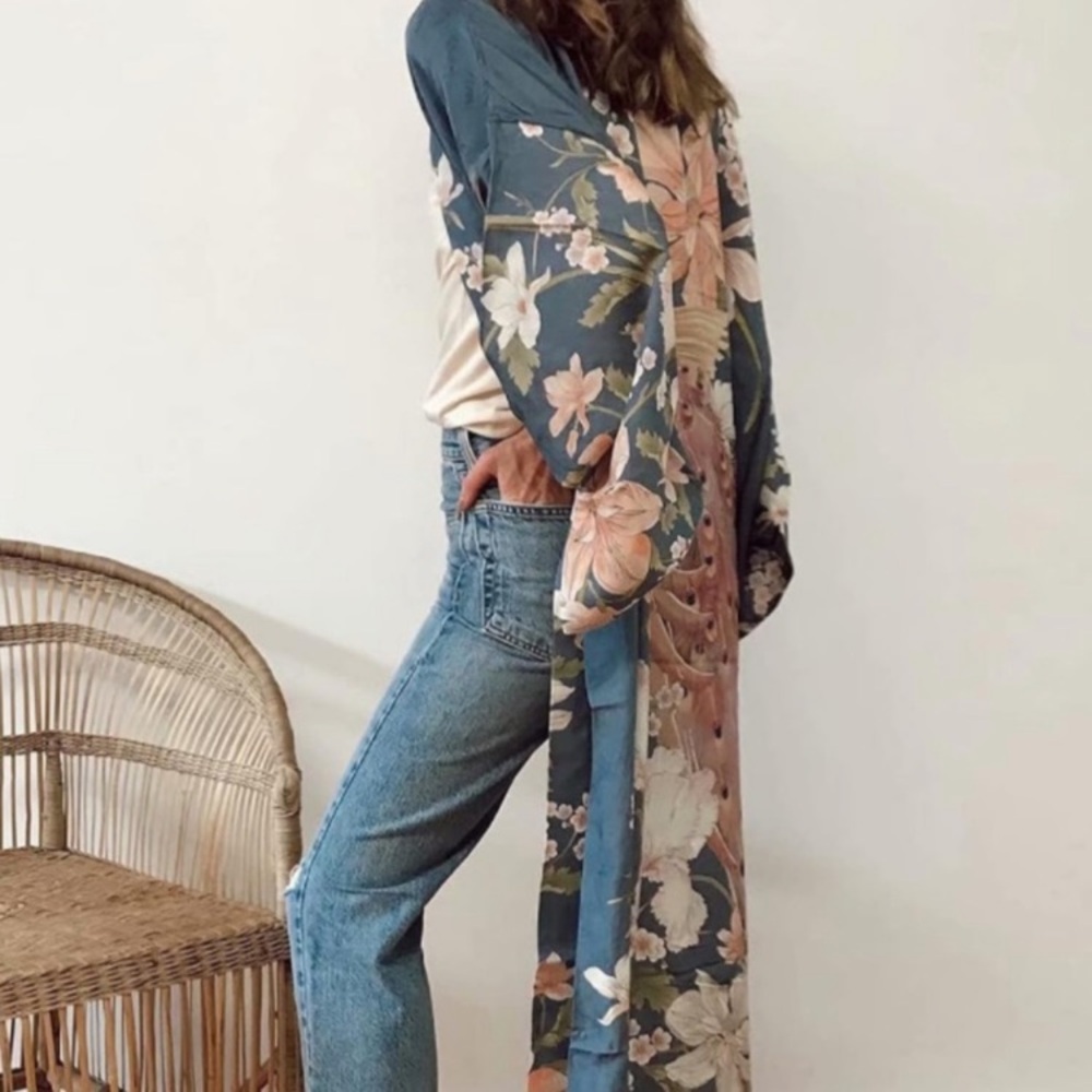 Bohemian Long Blue Floral Peacock Kimono Duster Robe - Picture 12 of 12